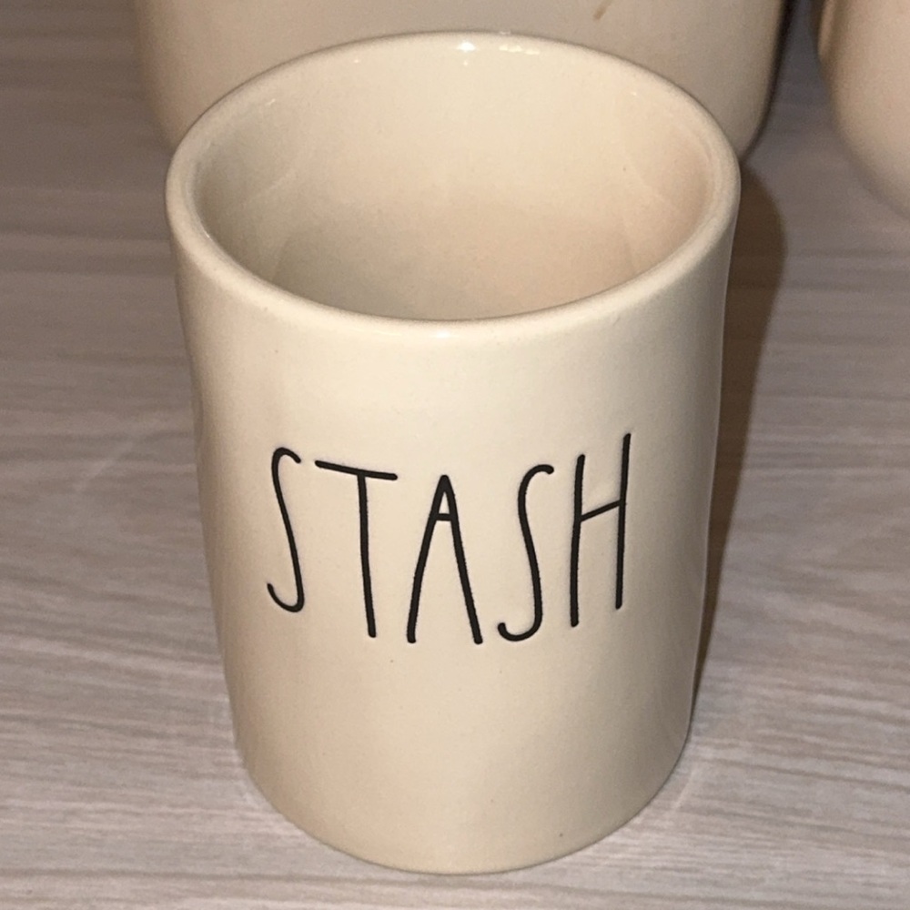 Rae Dunn White Ceramic Artisan STASH candy container small canister cup